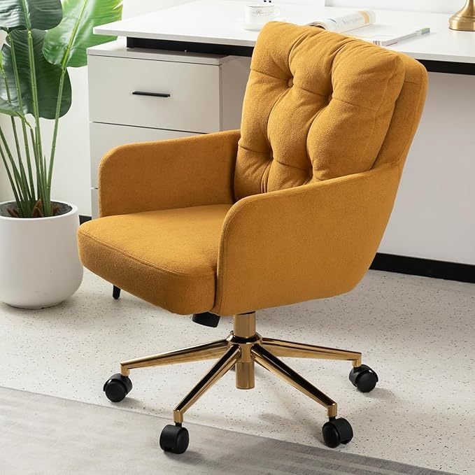 BALIAA Flannel Office Chair, Comfy Home Office Desk Chairs with Lumbar Support, Modern Velvet Desk Chair Gold Legs Small Swivel Task Chair for Home Office, Bedroom, Study (Yellow, XL)