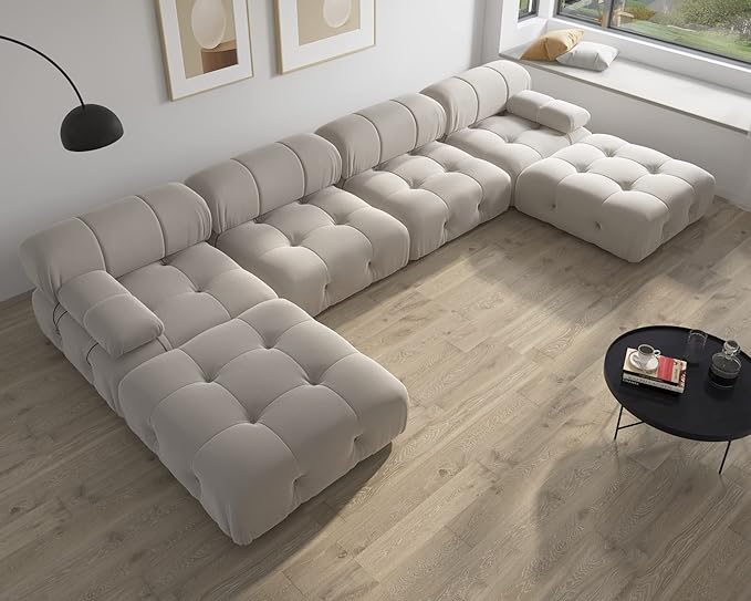 JACH U-Shaped Sectional Couch, 138'' Modern Deep 4-Seat Couches, Minimalist Teddy Velvet Sectional Sofas with Chaise Ottomans, Convertible Modular Sleeper Sofa for Living Room Apartment (Beige)