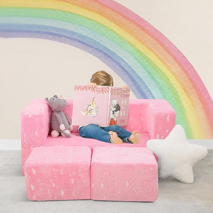 MeMoreCool Glow-in-The-Dark Unicorn Kids Modular Play Couch Sofa – Convertible 2-in-1 Plush Foam Toddler Chair for Children’s Playroom