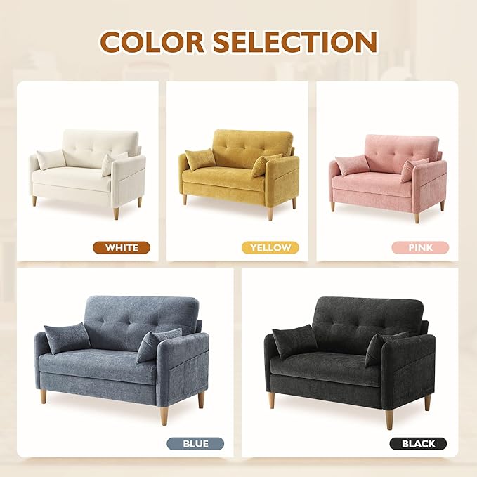 47" Small Sofa Couch, Soft Chenille loveseat Mini Couch with Throw Pillow and Removable Cushion Cover for Small Spaces, Bedroom, Apartment, Dorm, Office, Living Room(Beige)