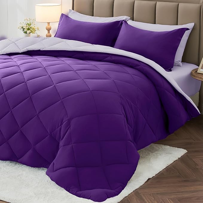MUXHOMO 7 Pieces Full Comforter Set, Reversible Bed in a Bag Full Size, All Season Bedding Set with Comforter, Flat Sheet, Fitted Sheet, Pillowcases & Shams, Purple & Lavender