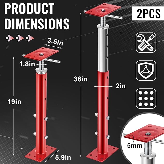 Yaocom 2 Pcs Adjustable Jack Post, 19"-36" Height Range, Basement Floor House Screw Jacks for Lifting Joist Beam Brace for Cellar Ceiling, Center Point Load Capacity 11023 Lbs, Red