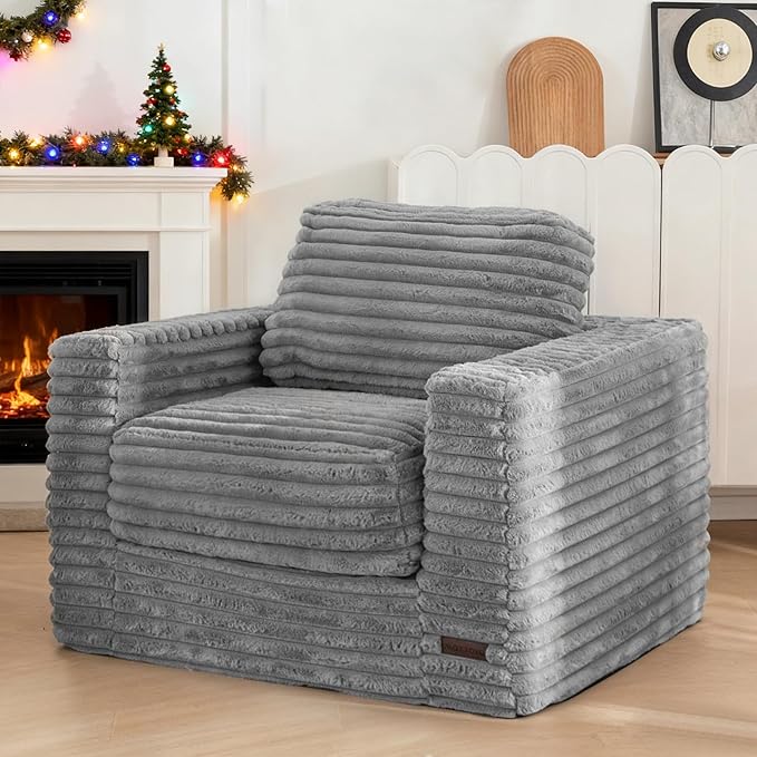 MAXYOYO Giant Bean Bag Chair for Adults, Upholstered Floor Sofa with Pillows and Armrests, Large Bean Bag Sofa Plush Chair Bean Bag Couch for Bedroom Living Room, Grey