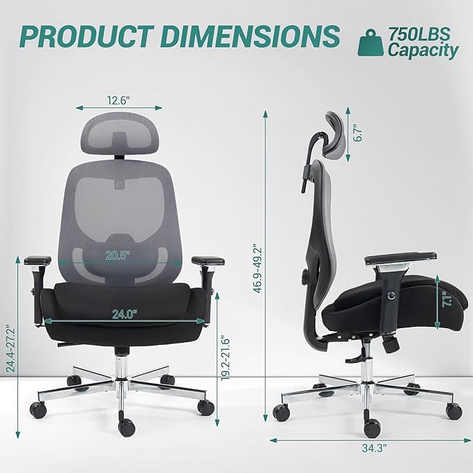 750 LBS Big and Tall Office Chair, Heavy Duty Executive Chair w/4D Arms, Ergonomic Computer Home Desk Chair, Swivel Mesh Chair w/2D Lumbar Support, Adjustable Headrest, Tilt Lock-Black and Grey