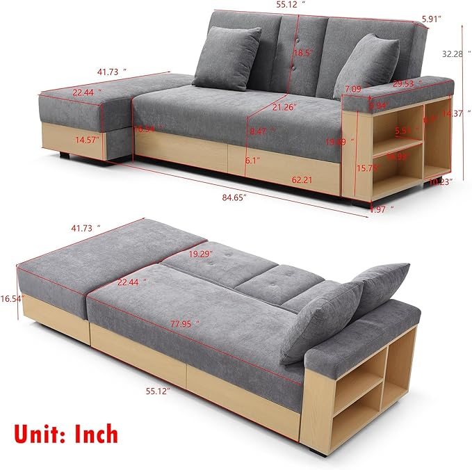 Roockky Convertible Sofa Bed, 85" Folding Sectional Sleeper Sofa with Storage Ottoman, Drawers, Built-in Bookshelves and 2 Cup Holders, Linen (Gray)
