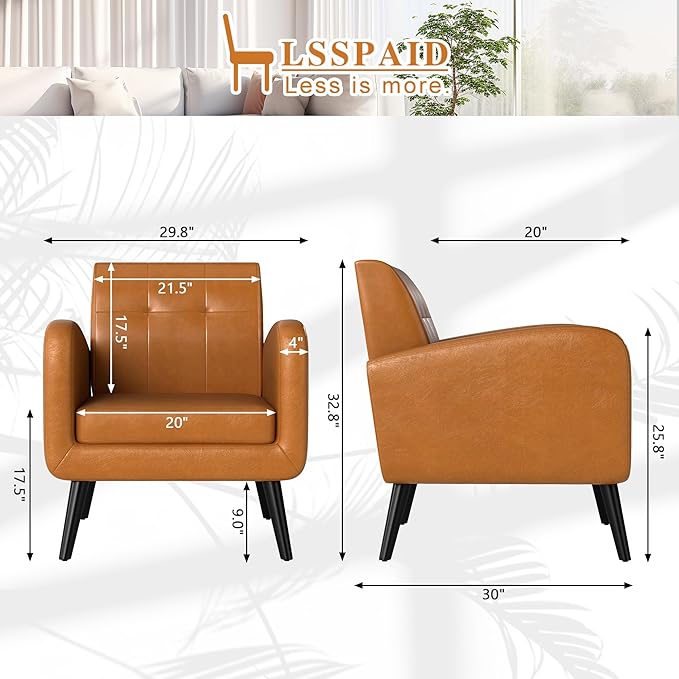 LSSPAID Accent Chairs Set of 2, Brown PU Leather Living Room Chairs, Modern Comfy Upholstered Armchairs Single Sofa Chair with Solid Wood Legs for Apartment, Reading, Office