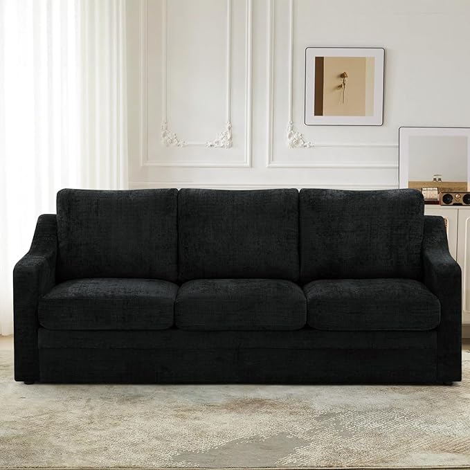 ACMEASE 83 Inches Chenille 3-Seat Sofa w/Comfortable Back Cushions, Modern Sofa w/Deep Seat Space, Upholstered 3 Seater Couch w/High Resiliency Foam for Living Room, Black