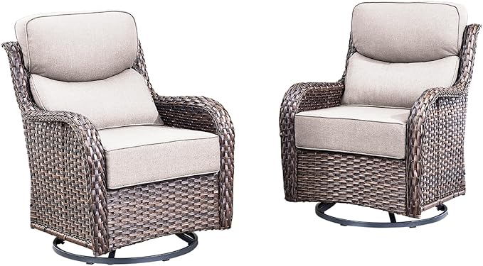 Pugire Luxury Outdoor Swivel Rocker Patio Chairs Set of 2 with 6-Inch Thick Cushions, High Back Swivel Patio Chairs Wicker Outdoor Gliders for Porch, Yard, Deck, Poolside, Brown/Beige