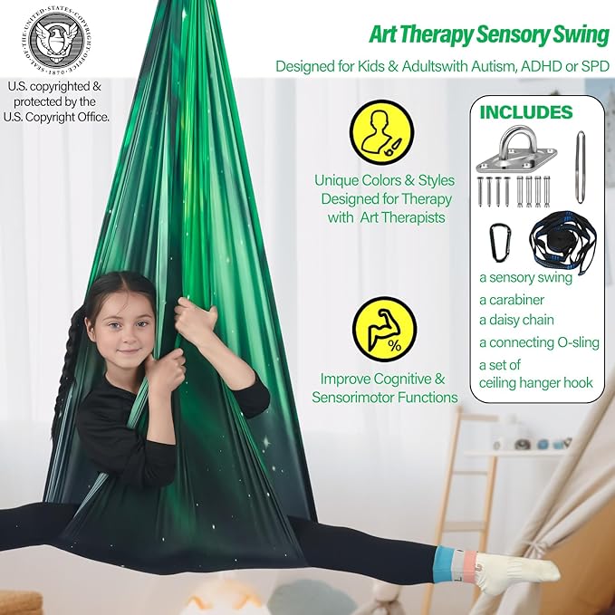 Sensory Swing for Kids Holds up to 300lbs Indoor & Outdoor Therapy Cuddle Swing with Hammock Hooks Hanger Kit for Calming, Effect for Autism, ADHD or SPD. (Space Green)