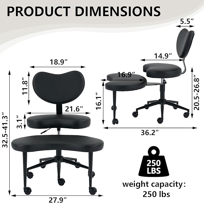 Meditation Chair with Lumbar Support,360° Swivel Cross Legged Chair with Wheels, Ergonomic Cross Legged Office Chair for Adults with ADHD, Height-Adjustable Yoga Chair, PU Leather, Ivory