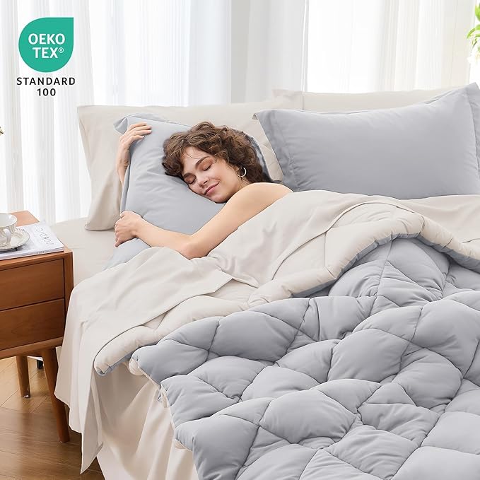 MUXHOMO 7 Pieces King Comforter Set, Reversible Bed in a Bag King Size, All Season Bedding Set with Comforter, Flat Sheet, Fitted Sheet, Pillowcases & Shams, Light Grey & Beige