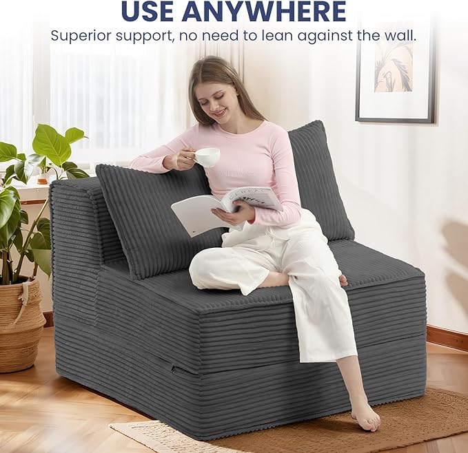 Convertible Sofa Bed, Fold Out Chair with Pillow, Versatile Floor Couch with Back Support, Portable Chair Bed Comfy Floor Lounge Sofa for Living Room Bedroom Guest Room, Grey