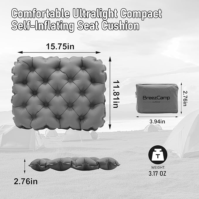BreezCamp Inflatable Seat Cushion, Lightweight Stadium Seat Pad, Camping Accessories Chair Pad for Airplane Travel, Hiking, Climbing, Home and Office,Gray
