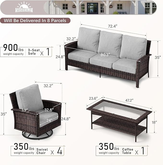 SUNSHINE VALLEY Patio Furniture Set with Swivel Chairs, High Back Wicker Rattan Furniture with 5.5" Thick Cushions and Coffee Table, Outdoor Conversation Set for Backyard Deck,7 Seats, Grey