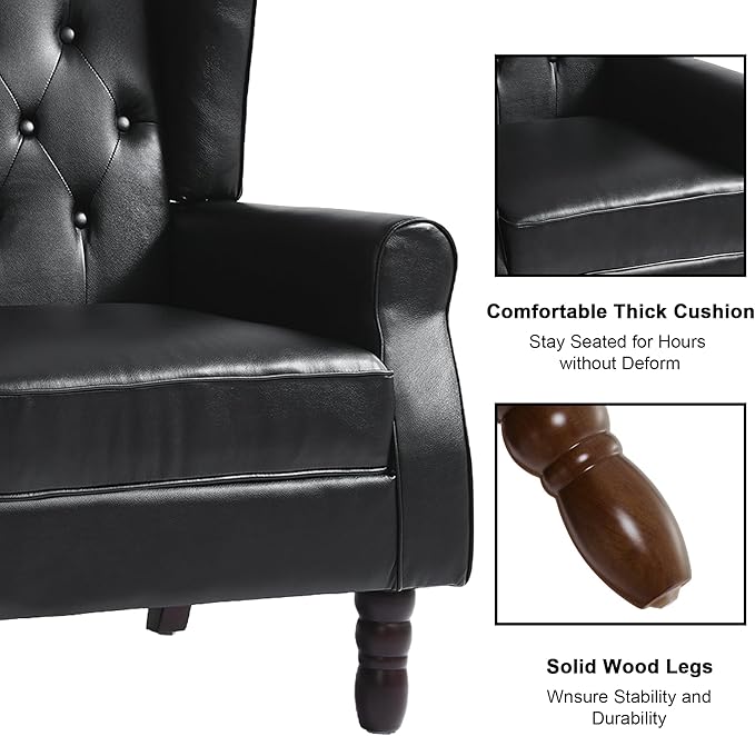 DREAMSIDEA Accent Chair, Upholstered Armchair with Button Tufted High Back & Solid Wood Legs, Comfy Wingback Reading Single Sofa Chair for Small Spaces, Living Room, Bedroom (Leather Black, Set of 1)