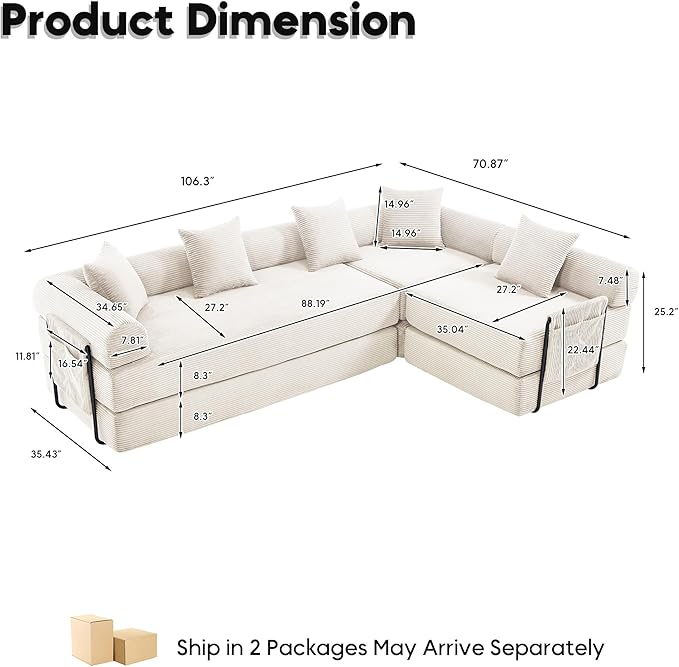 L Shape Convertible Sofa Bed with Cylindrical Pillow and Storage Pocket, Convertible Sofa Couch Bed with Support Frame for Living Room Bedroom Children Room-Beige