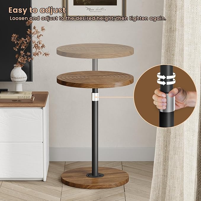 Asgolion Round Side Table, Adjustable-Height Small Drink Table, Pedestal Martini Stand, Weighted Base Cocktail Table Accent Nightstand for Living Room, Bedroom, Bathroom, Office, Walnut
