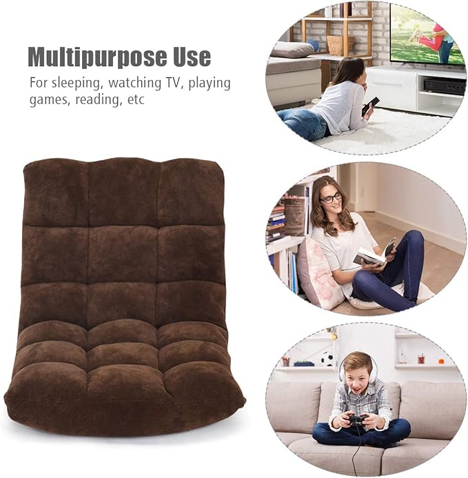 GOFLAME 14-Position Folding Floor Chair, Padded Gaming Lazy Sofa Chair with Adjustable Backrest, Couch Recliner, Sleeper Bed Lounge Chair for Reading, Gaming, Meditating (Brown)
