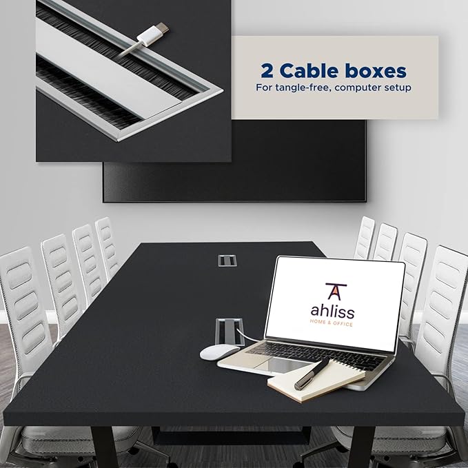 ahliss Sturdy Conference Table with Cable Management Grommets Modern Rectangle Office Meeting Table with Wood Tabletop and Metal Frame & Legs- Easy Assembly Boardroom Table (Black, 8 Foot)