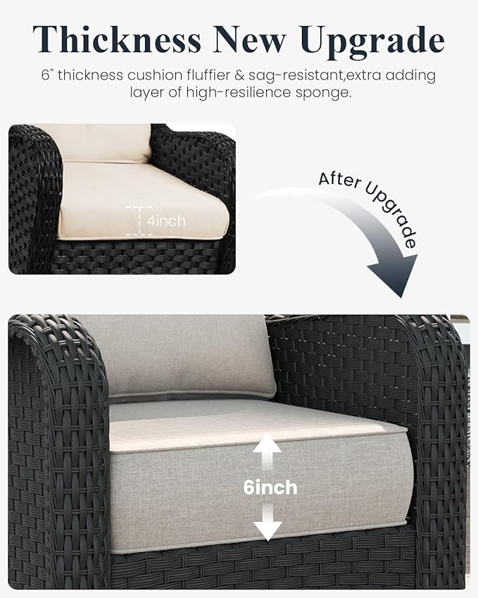 LayinSun 6 Piece Wicker Outdoor Furniture Set with 6-inch Comfy Cushions, High Back Patio Furniture Set with Swivel Rocking Chairs and Side Table