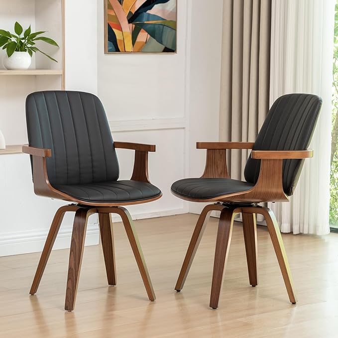 WUPOTO Swivel Dining Chairs, Set of 2 Kitchen Swivel Chairs with Walnut Craftsmanship, Upholstered Faux Leather, Wooden Arms and Legs, Walnut Dining Chairs for Kitchen/Living Room - Black