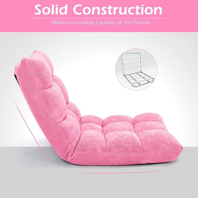 COSTWAY Floor Chair, Video Gaming Chairs with Back Support, Adjustable 14-Position, Alloy Steel Frame, Soft Coral Fleece, Lazy Sofa Lounge for Reading Living Room Recliner for Adults Kids, Pink
