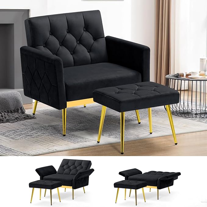 ACMEASE Velvet Accent Chair w/Adjustable Armrests and Backrests, Tufted Single Sofa with Ottoman, Upholstered Reading Chiar for Living Room, Apartment, Bedroom, Black