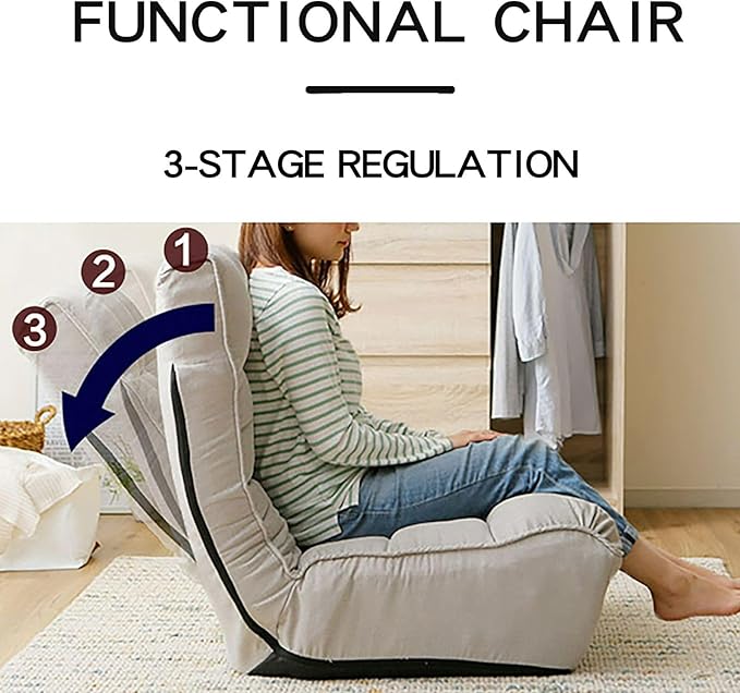 Adjustable Floor Chair with 3-Stage Regulation, Foldable Lazy Sofa Chair with Footrest, Padded Linen Tufted Backrest, Ergonomic Gaming Lounger for Living, Bedroom, Balcony, Grey