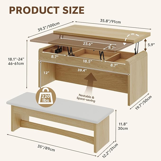 Coffee Table Lift Top, 40'' Multi-Function Coffee Table Set with Bench & Hidden Compartment, Center Table w/Curved Corner, Converts to Home Office Table, Dining Table for Living Room, Natural