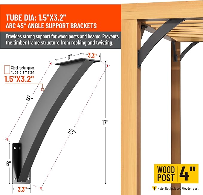 Uphode Q235-Steel Integrated Arc 2''x4''(Actual Tube Dia: 1.5''x 3.2'') 45 Degree Angle Support Pergola Brackets Heavy Duty 8Pack