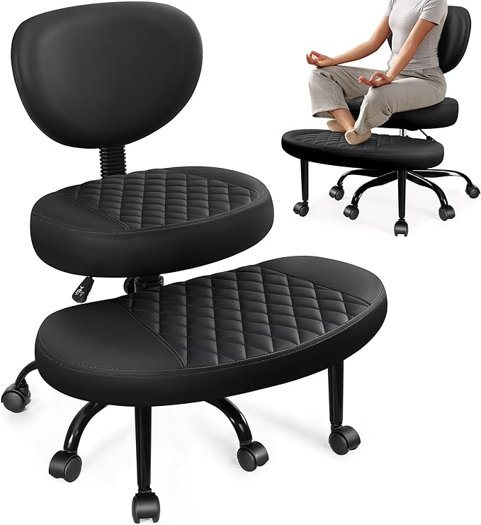 Ergonomic Cross Legged Office Chair with Wheels - Adjustable Height for Meditation, ADHD Desk & Yoga - Wide Criss Cross Design with Lumbar Support, Kneeling Chair - Inky Black