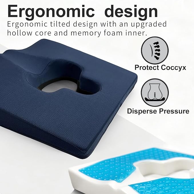 Rivquvi Gel Wheelchair Seat Cushion,Bed Sore Cushions for Butt,hemorrhoid pillow for Chair,Pressure Sore cushion,Memory Foam Butt Pillow,Sciatica,Coccyx,Pressure Ulcer Pain Relief,Washable Cover(Blue)