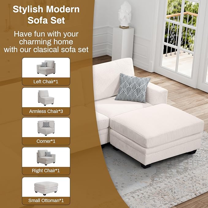 Legend Vansen Oversized Modular Sectional Sofa,7 Seat U Shaped Couch with Ottoman,Corduroy Sofa with Deep Seat,Convertible Large Sectional Couches for Living Room(Cream, L-7)