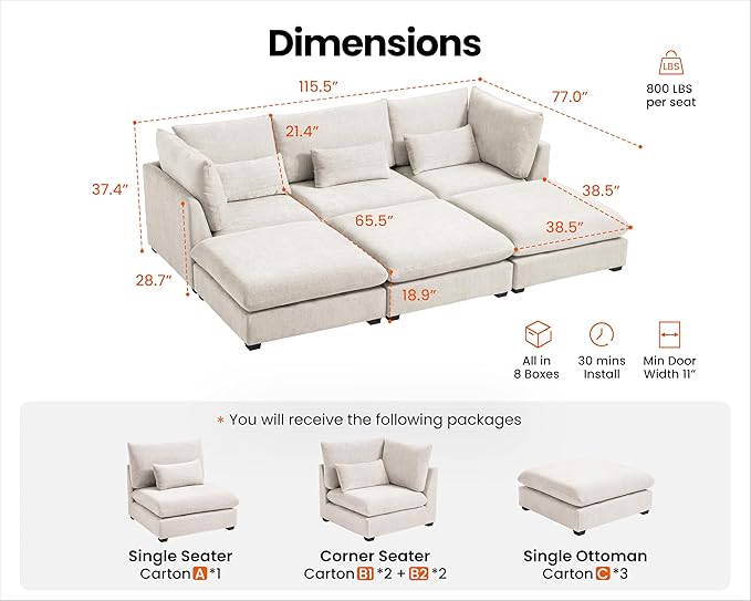 Oversized Modular Sofa, Extra Deep Cloud Chenille Sectional Couch with Ottoman Chaise, Fluffy Chenille 6 Seater Couch Bed for Living Room, Villa (Sofa Bed 6 Seater, Chenille White)