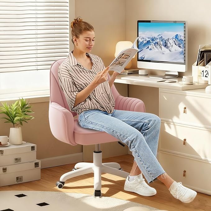WXJHL Home Office Chair Velvet Vanity Chairs Cute Makeup Desk Chair with Wheels Mid Back Computer Chairs Height Adjustable Small Swivel Rolling Task Chair