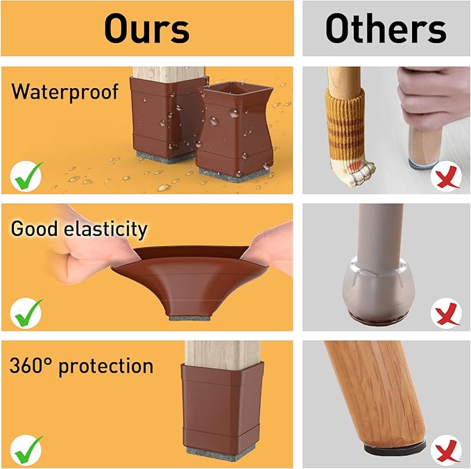CHWM Square Chair Leg Protectors for Hardwood Floors, 16 Pcs Silicone Felt Furniture Leg Cover,3/4" -7/8", Brown.