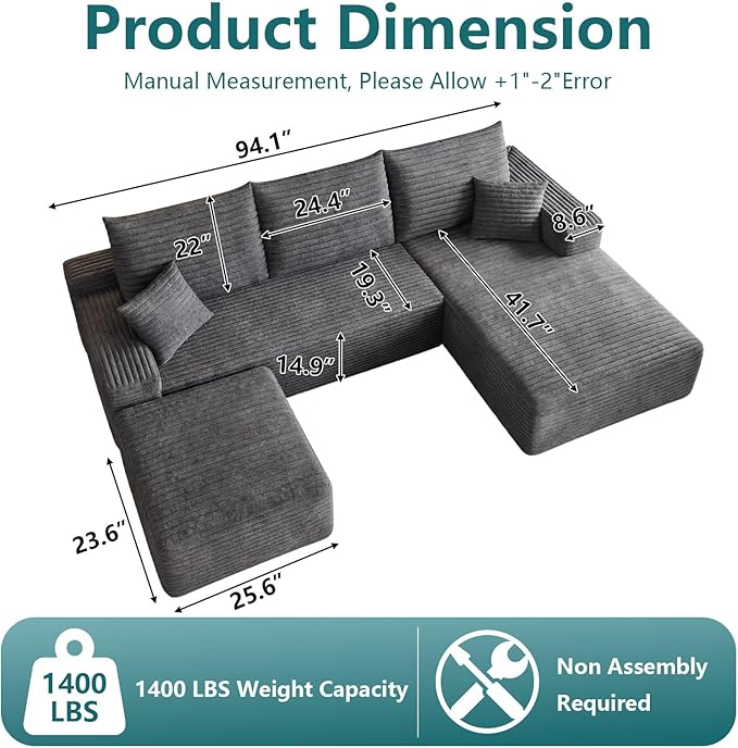 95" U-Shape Cloud Couch, Modern Modular Sectional L-Shape Sofa with Ottoman, Corduroy Upholstered Couches Deep Seat Sleeper Chaise Longue for Living Room, No Assembly Required(Dark Gray, Right Facing)