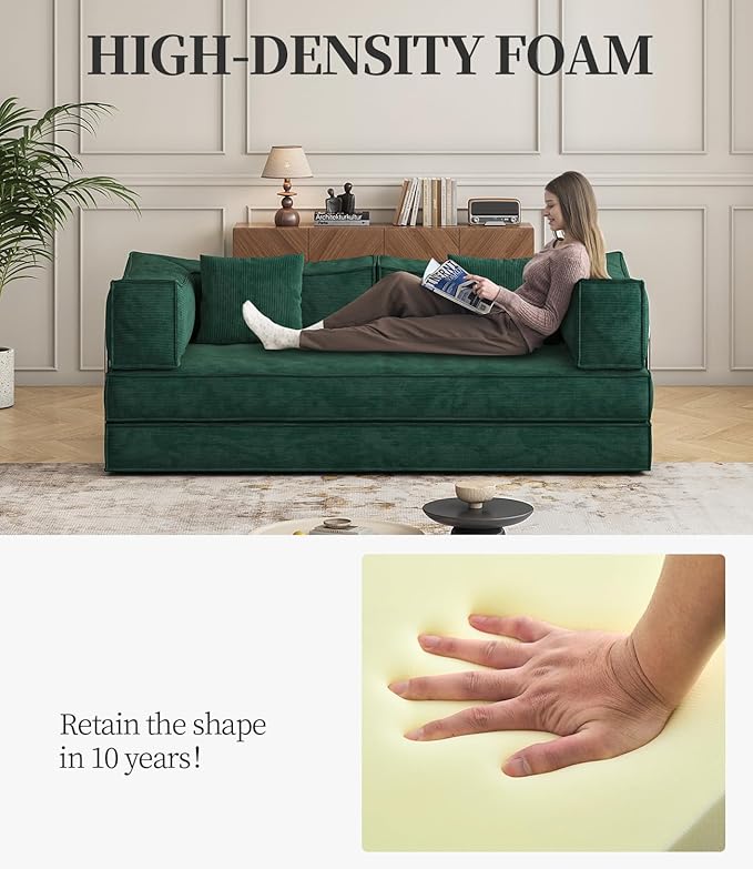 79" Convertible Sleeper Sofa Bed, Corduroy Folding Sleeper Couch with Fixed-Shape Frame, Boneless Couch for Living Room Bedroom, Floor Sofa Lounge No Assembly Required (Green)