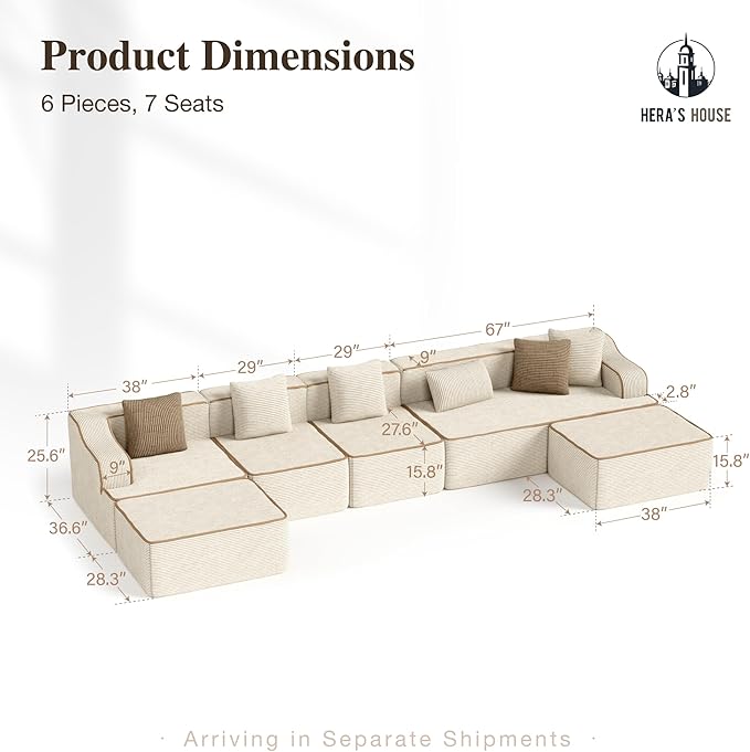 HERA'S HOUSE 163" Cloud Sectional Couch, Oversized U-Shaped Modular Upholstered Sofa with Ottomans, Corduroy Boneless Couches with 6 Throw Pillows for Living Room, No Assembly Required, Beige