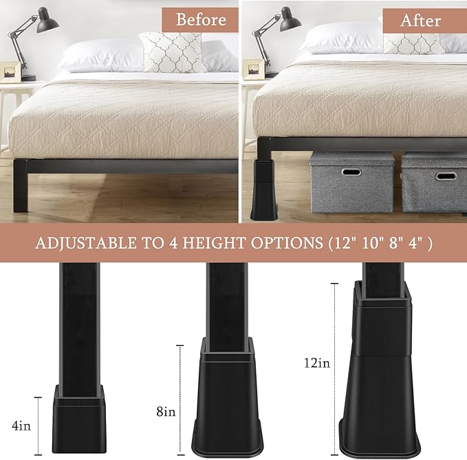 shouwuhho Bed Risers 8 Inch Heavy Duty, Furniture Risers Lifts 12" 8" 4" for Table, Desk Leg, Sofa, Couch, Adjustable Bed Frame Risers Supports Up to 6,000 Lbs, Black, 9 Pack
