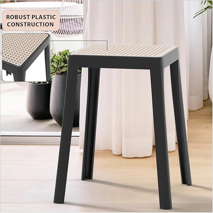 LeisureMod Tresse Mid-Century Modern Square Plastic Dining Stool Set of 2, Stackable Accent Stools with Breathable Seat, Lightweight Seating for Kitchen, Dining Room, Bedroom, or Entryway (Black)