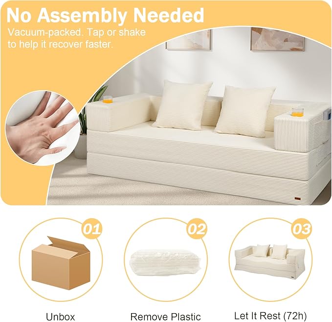 COMAX Futon Sofa Bed Queen, 79" Convertible Sofa Bed Couches for Living Room, 4 in 1 Folding Boneless Sleeper Corduroy Couch Loveseat Foam In a Box, Foldable Comfy Lounge Fold Out Floor Mattress Beige