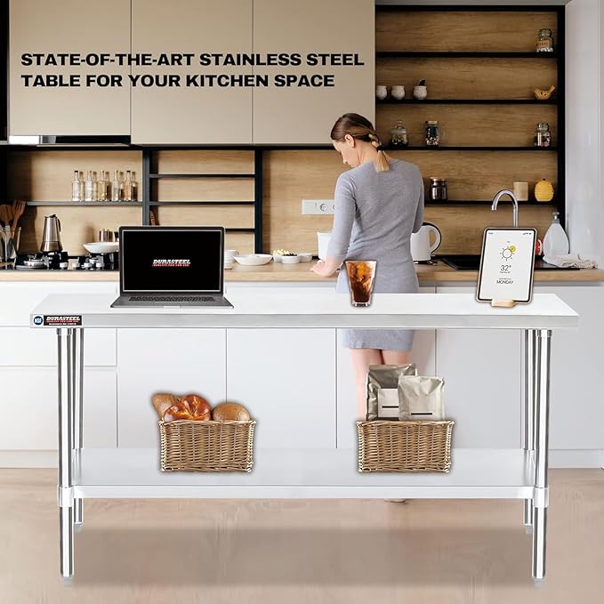 DuraSteel 30x72 Stainless Steel Work Table - NSF Commercial Prep Metal Table - Outdoor Pizza Oven Stand w/Under Shelf - Kitchen Island Laundry Utility Garage Microwave Stand Large Rolling Storage Cart