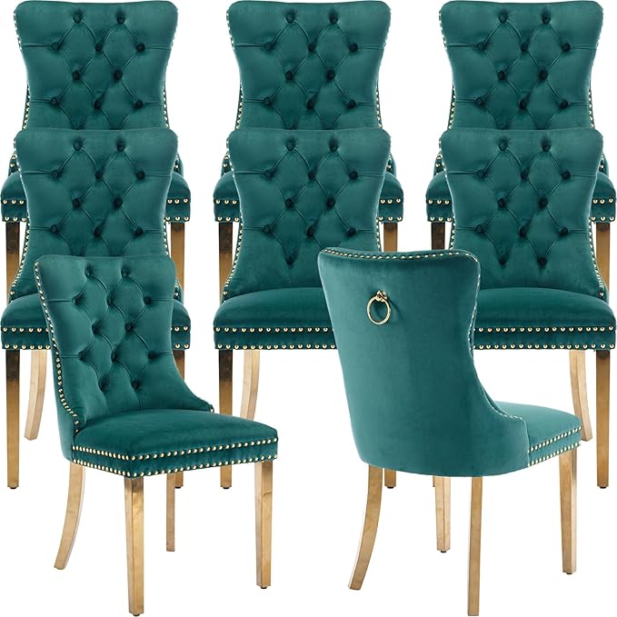 YeahFurn Mid Century Modern Dining Chairs Set of 8, Green Velvet Upholstered Tufted Back, Kitchen & Dining Room Chairs, Gold Metal Legs, Nailhead Trim, Sillas para Comedor (Green, 8 Pcs)