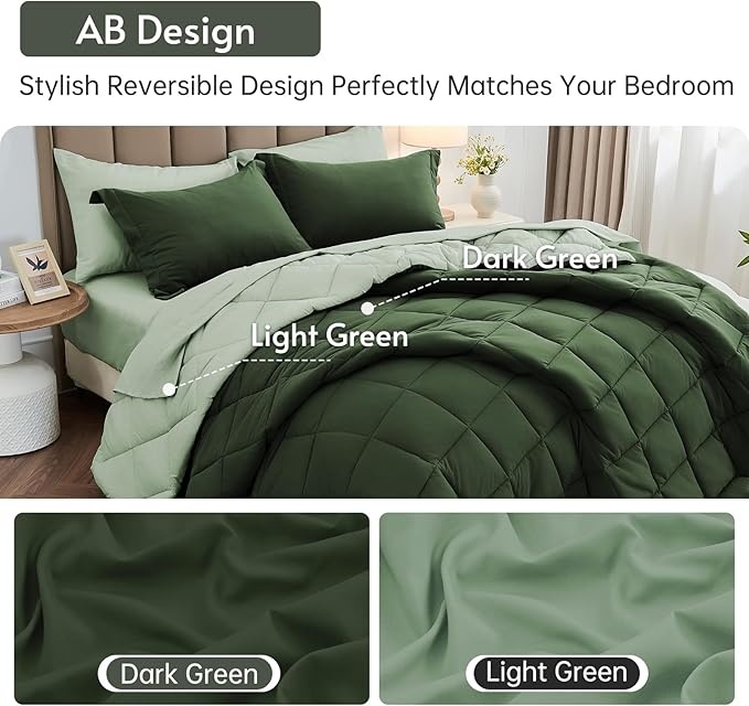 MUXHOMO 7 Pieces Queen Comforter Set, Reversible Bed in a Bag Queen Size, All Season Bedding Set with Comforter, Flat Sheet, Fitted Sheet, Pillowcases & Shams, Dark Green & Light Green
