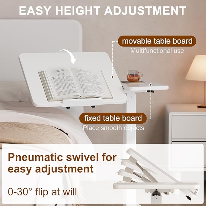 Solid Wood Overbed Bedside Table with Wheels, Tilting Adjustable Hospital Bed Table Over The Bed, Medical Mobile Laptop Stand, Rolling Standing Desk for Hospital and Home Use（White）
