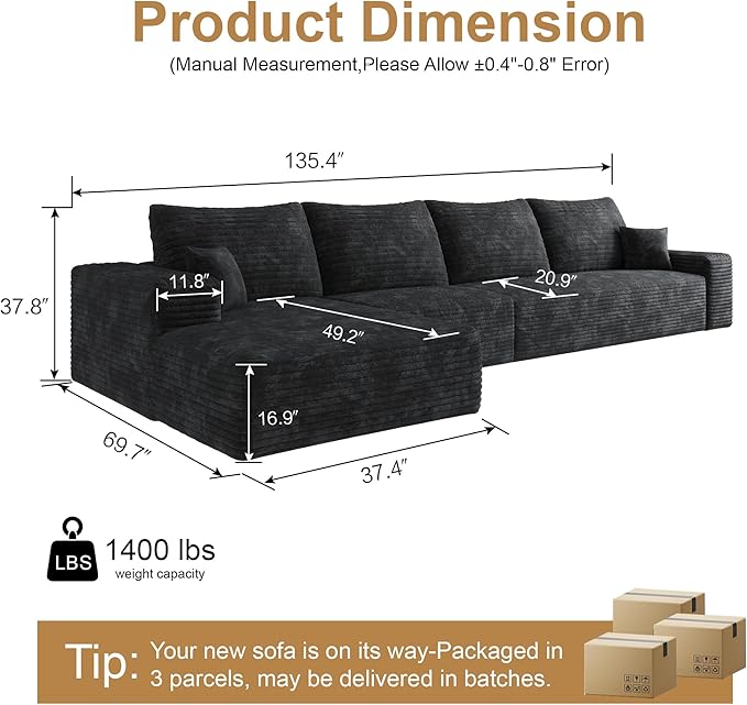 AUGOP 136" Sectional Couches for Living Room Modern Modular Sofa with L-Shape Couchs Upholstered Boneless Couch Deep Seat Sectional Couch with Chaise (Black, Left Facing Chaise+3Seaters)