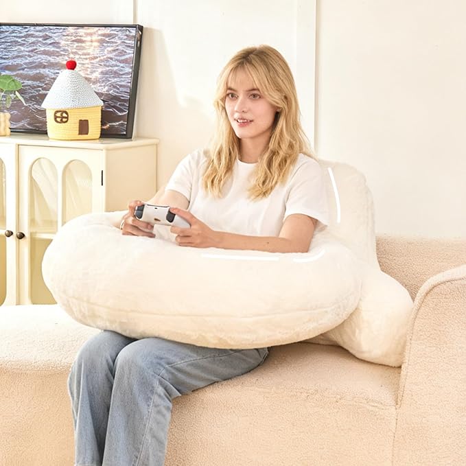 PAJEO Reading Pillow for Bed,U Shaped & Back Support Pillow for Bed,19" Backrest with Lumbar & Arm Support,Luxurious Faux Rabbit Fur,Gaming PillowFor Crochet/Reading/Watching TV,White