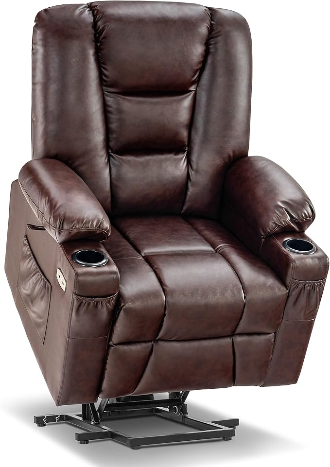 MCombo Power Lift Recliner Chair for Elderly, Lift Chair with Heat and Massage, USB Ports, Cup Holders, Faux Leather 7519 (Medium, Dark Brown)