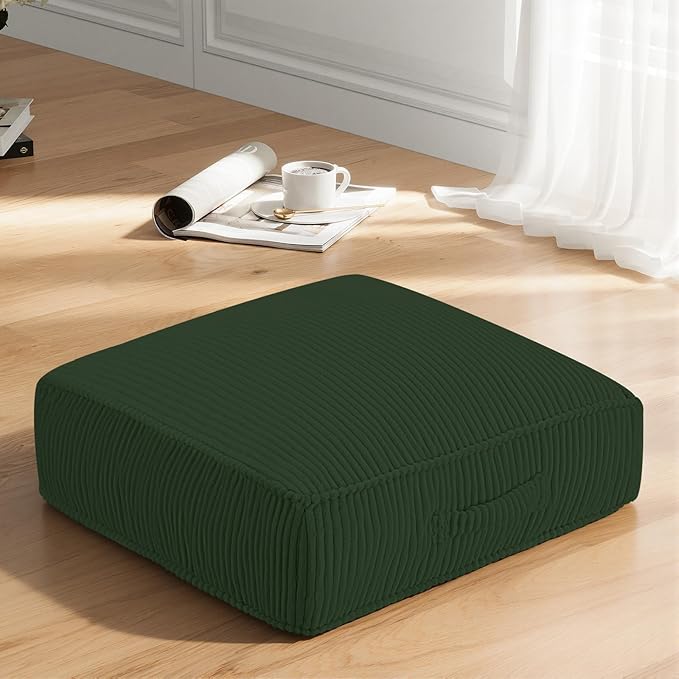 PRIMEPATIO Floor Pillow for Adults, 8" Square Floor Cushions with Washable Cover, Large Corduroy Meditation Pillow, 22 inches Tatami Seat with Handle for Living Room or Yoga, Green